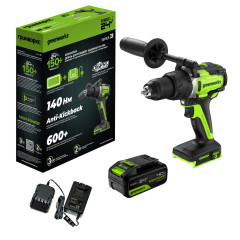Аккумуляторная ударная дрель-шуруповерт Greenworks GD24DD140k4, 24v, 140 Нм, Anti-kickback, в комплекте АКБ 4 А·ч и ЗУ