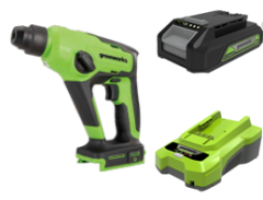 Перфоратор Greenworks GD24SDS1k2, 24v, 1,2 Дж, в комплекте с АКБ 2 А·ч и ЗУ (аккумуляторный)