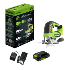 Аккумуляторный лобзик Greenworks GD24JS120, 24V, б/щет, 120 мм, 0-3500/мин, 4-ст.маятник, алю.подошва,LED,1х2Ач,ЗУ,коробка