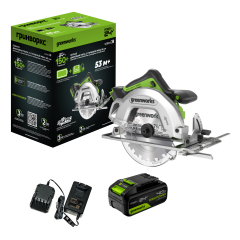 Дисковая пила акк. Greenworks GD24CS, 24V,б/щет,185х20мм, 4500 об/мин, рез 63мм,1х4Ач,ЗУ,коробка