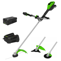 Аккумуляторный триммер Greenworks TB201Hk8, 82v, 46 см, ø 2.4/3 мм, 2 кВт (2,7 л.с.), в комплекте с АКБ 8 А·ч и ЗУ (насадки нож и кусторез)
