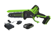 Цепная мини пила аккумуляторная Greenworks GD24CS15, 24V, 15см, бесщеточная, с автоматической смазкой цепи, c АКБ 2Ач и ЗУ в сумке