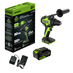 Дрель-шуруповерт Greenworks GD24DD90k4, 24v, 90 Нм, в комплекте АКБ 4 А·ч и ЗУ (аккумуляторная)