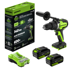 Аккумуляторная ударная дрель-шуруповерт Greenworks GD24DD140k4x2, 24v, 140 Нм, Anti-kickback, в комплекте АКБ 4 А·ч (2 шт) и ЗУ 4А
